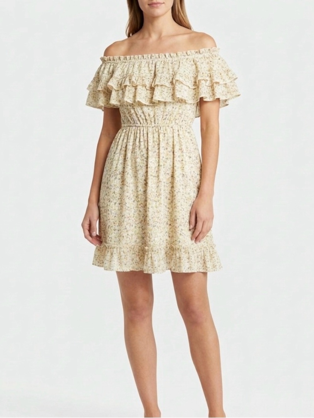 Off-Shoulder Ruffle Summer Dress in Light Floral Cream